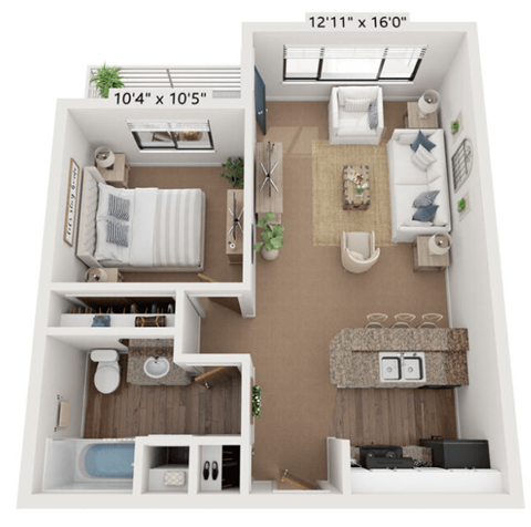 Floor plan for 1 bed, 1 bath, 614 sqft